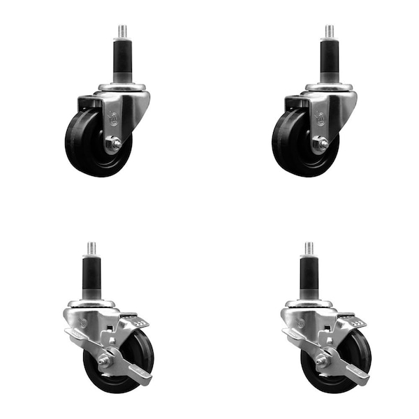 3'' Phenolic Wheel Swivel 1-1/8'' Expand Stem Caster Set 2 Brakes, 4PK